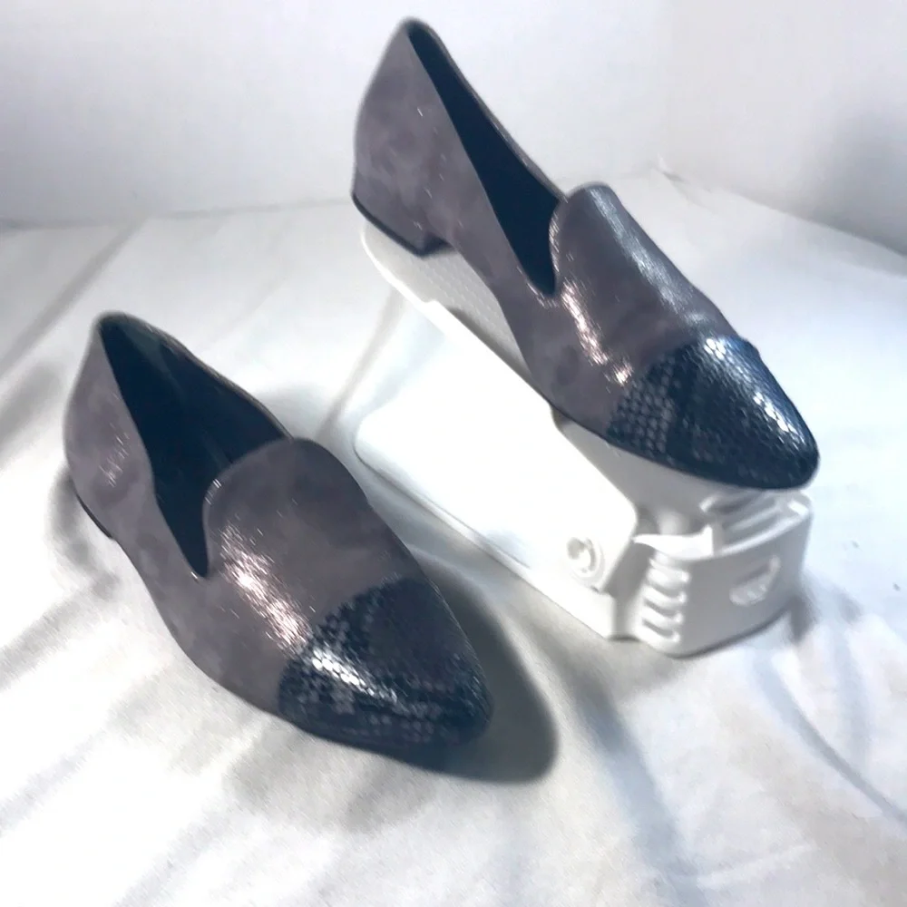 AGL Women's Dalia Sparkly Gray Suede With Gray & Black Reptile Cap Toe Loafers
